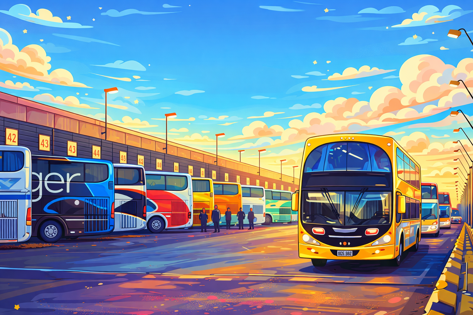 Ilustración de la Terminal de Ómnibus de Buenos Aires con cartel principal al atardecer