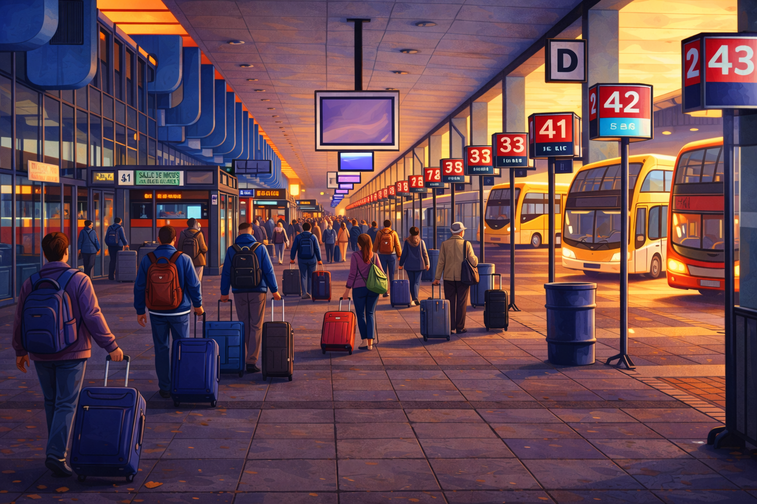 Ilustración del pasillo de dársenas con viajeros caminando con valijas